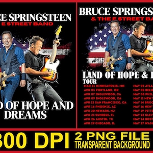 Puede incluir: Un cartel de concierto con Bruce Springsteen y la E Street Band. La imagen muestra a Springsteen tocando la guitarra sobre un fondo negro. También se incluye el texto "LAND OF HOPE AND DREAMS" y un calendario de la gira.