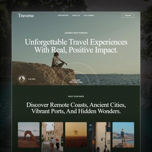 May include: A website template for Traverse Travel Agency. The design features a serene landscape with text that reads "Unforgettable Travel Experiences With Real, Positive Impact." Additional text includes "Discover Remote Coasts, Ancient Cities, Vibrant Ports, And Hidden Wonders."