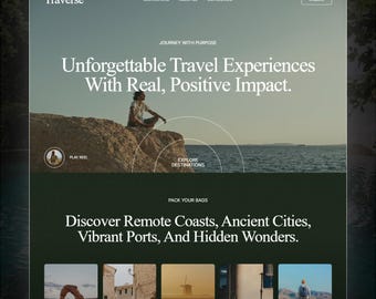 May include: A website template for Traverse Travel Agency. The design features a serene landscape with text that reads "Unforgettable Travel Experiences With Real, Positive Impact." Additional text includes "Discover Remote Coasts, Ancient Cities, Vibrant Ports, And Hidden Wonders."