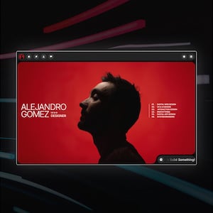 May include: A website template with a red background featuring a silhouette of a person's profile. The name "ALEJANDRO GOMEZ" is displayed in white text. The template includes the text "BentoBox Portfolio" and "Website Template". The bottom text reads "Build Something!"