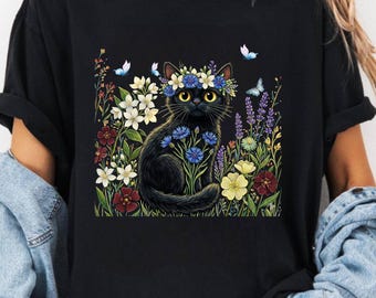 Black Cat Floral Shirt, Cottagecore Cat Mom Gift, Botanical Kitty Tee