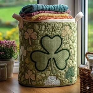 Cesto portabiancheria trapuntato con trifoglio irlandese, cesto portaoggetti per il giorno di San Patrizio, organizer per la biancheria Lucky Home, decorazioni per la casa con trifoglio irlandese