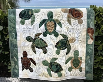 Turtle Mosaic Quilted Blanket, Sea Turtle Art Quilt, Ocean Coastal Bedding, Beach House Decor, Gift for Turtle Lover