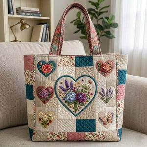 Bolso tote acolchado con retazos florales, bolso de hombro acolchado Willow