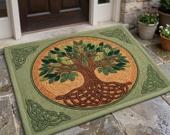 Keltische grüne Wurzeln Fußmatte, rutschfeste Willkommensmatte, Samtstoff, Kautschukbasis, Home Decor
