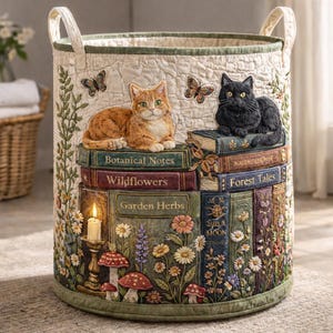 Cat Library Quilted Laundry Basket, Botanical Books Fabric Hamper, Cottagecore Home Decor, Cat Lover Gift Storage Bin