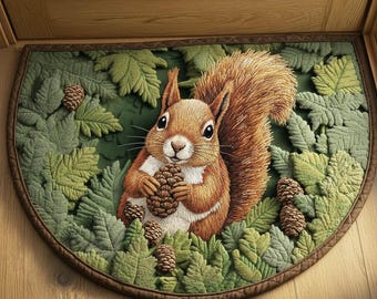 Squirrel Welcome Mat Quilted, Woodland Animal Door Mat, Cute Forest Decor, Rustic Entryway Rug, Nature Gift