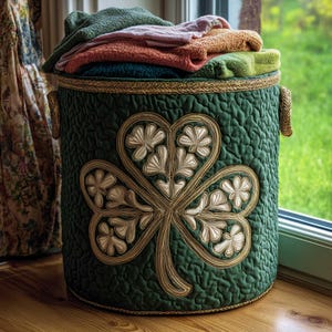 Può includere: Un cesto della biancheria trapuntato verde scuro con un grande motivo a trifoglio. Il cesto ha finiture e manici dorati ed è pieno di asciugamani piegati in tonalità di verde, arancione e rosa. Il cesto è cilindrico e poggia su un pavimento in legno.