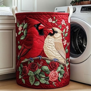 Panier à linge matelassé Love Cardinal, panier pour amoureux des oiseaux, corbeille à linge rouge Cardinal, rangement pour décoration naturelle, idée cadeau pour oiseau