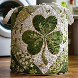 Spring Shamrock Quilted Laundry Basket, St Patricks Day Laundry Hamper, Large Dirty Clothes Basket, Irish Home Decor Gift
