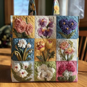 May include: A quilted tote bag with a patchwork design of embroidered flowers in various colours. The bag has a square shape with a floral pattern on the handles. The flowers include pink, purple, yellow, and white blooms.