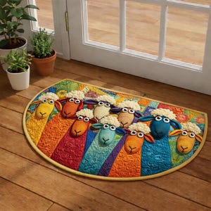 Zerbino trapuntato con pecorelle colorate, zerbino stile rustico, grazioso zerbino con pecorelle, tappeto d'ingresso rustico, decorazione per la casa in stile country, regalo per gli amanti della fattoria