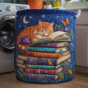 Cat Reading Books Quilted Laundry Basket, Cute Library Cat Hamper, Fabric Storage Bin for Laundry Room, Cat Lover Home Decor Gift