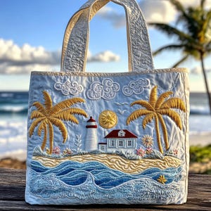 Puede incluir: Bolso tote acolchado azul claro con escena de playa bordada. Presenta un faro, palmeras y olas del océano. El bolso tiene asas y ribetes color crema, y está sobre una superficie de madera.