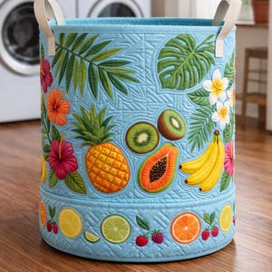 Tropical Fruit Quilted Laundry Basket, Pineapple Banana Papaya Design, Colorful Fabric Hamper, Nursery Storage Bin, Home Decor Gift