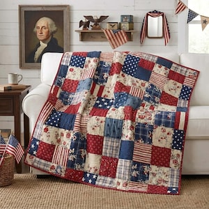 Americana Patchwork Quilted Blanket, Vintage USA Quilt Throw, Patriotic Bedding, Rustic Americana Decor, Cozy Gift for Home