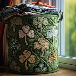 Cesto portabiancheria trapuntato con trifoglio irlandese, cesto portabiancheria con trifoglio, contenitore per vestiti per San Patrizio, decorazioni per la casa irlandesi portafortuna, regalo per le donne
