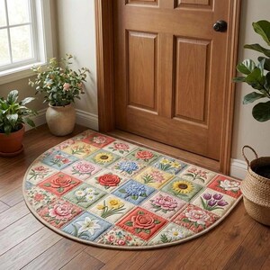 May include: A half-circle floral doormat with a quilted design. The mat features a patchwork of squares, each showcasing a different flower in shades of pink, yellow, blue, and white. The mat is bordered with a cream-colored trim and is placed in front of a wooden door.