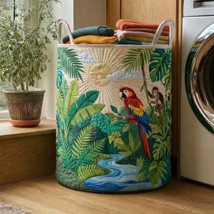 May include: A round laundry hamper with a tropical jungle design. The quilted fabric features a parrot, monkey, river, and lush green foliage. The hamper has a cream-colored background with a sun design and silver handles. The hamper is filled with folded clothes.