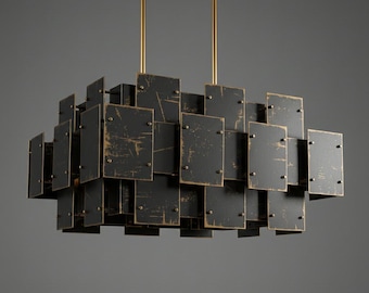 Linear Industrial Island Beleuchtung, Distressed Gold und Black Metal Kronleuchter