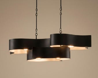 Großer Black Wave Kronleuchter mit Weißem Innenraum, moderne handgefertigte Pendelleuchte