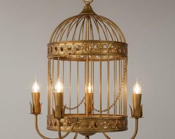 Gold Vogelkäfig Pendelleuchte | Italienischer Stil Kronleuchter | Boho Chic Kinderzimmer Beleuchtung | verzierte Messing Hängelampe | Viktorianische Era Home Dekor