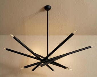6-armiger mattschwarzer Kronleuchter, modernes Pick-Up-Sticks Pendellicht, industrielle 12-flammige Sunburst Deckenleuchte