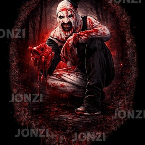May include: A terrifying clown figure, covered in blood, crouches in a dark, ominous forest setting. The clown, with a white face and black top hat, holds a bloody object. The image has a horror theme, with the word "JONZI" in the corners.