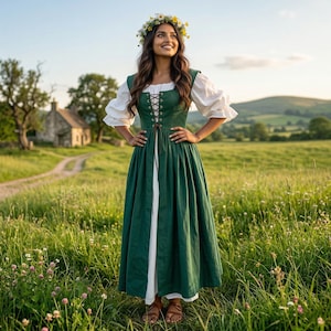 Green Cottagecore Dress, Medieval Fantasy Cosplay Gown, Fairycore Clothing, Renaissance Corset Dress, Boho Peasant Dress for Women