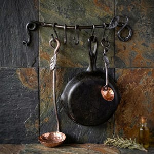 Hand Forged Leafy Pot and Pan Rack, Blacksmith Made Kitchen Organizer, Rustic Metal Cookware Hanger - Unique Leaf Design Wall Mount Storage