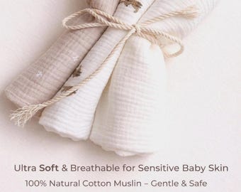 Muslin Swaddle Set for Baby (3 Pieces) – Ultra Soft Breathable Cotton Gauze Blankets, Newborn Swaddle Wrap, Neutral Baby Gift, Lightweight