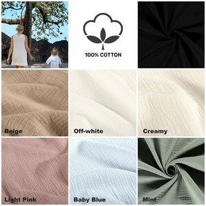 May include: A collection of 100% cotton fabric swatches in black, beige, off-white, creamy, light pink, baby blue, and mint. The image includes a cotton plant icon with the text 100% COTTON and a scene of two individuals wearing white dresses.