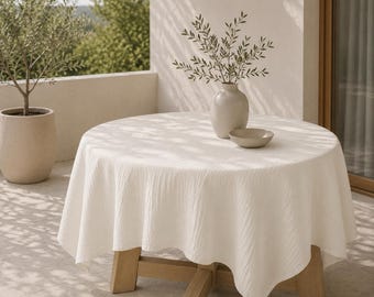 Tovaglia bianca a tripla garza / Tovaglia in mussola di cotone / Biancheria da tavola rustica per matrimoni / Copritavolo rotondo da pranzo / Arredamento in stile rustico e giapponese