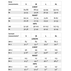 May include: A black and white clothing size guide chart featuring a 100% cotton icon. It displays body measurements for chest, waist, and hips in cm and inches for sizes S, M, L, and XL, alongside garment measurements for length, chest, waist, and hips.