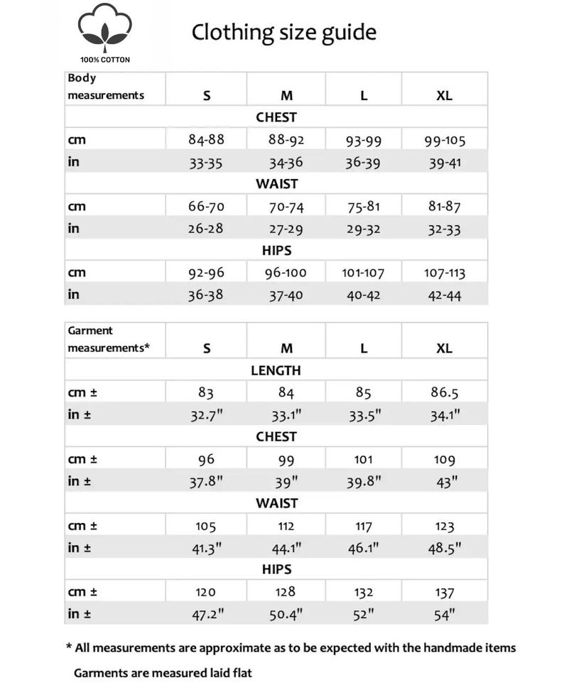 May include: A black and white clothing size guide chart featuring a 100% cotton icon. It displays body measurements for chest, waist, and hips in cm and inches for sizes S, M, L, and XL, alongside garment measurements for length, chest, waist, and hips.