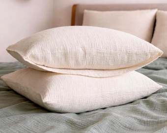Federe in mussola di cotone, confezione da 2 - Garza di cotone ultra morbida - Copriletti traspiranti - Federe in morbido cotone bianco crema - Fatte a mano