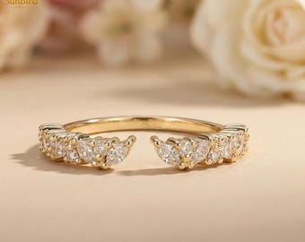 Anillo abierto de oro de 14 quilates con diamantes marquesa, anillo de bodas único con diamantes flotantes, anillo de boda minimalista con racimo de marquesa y espacio entre anillos.