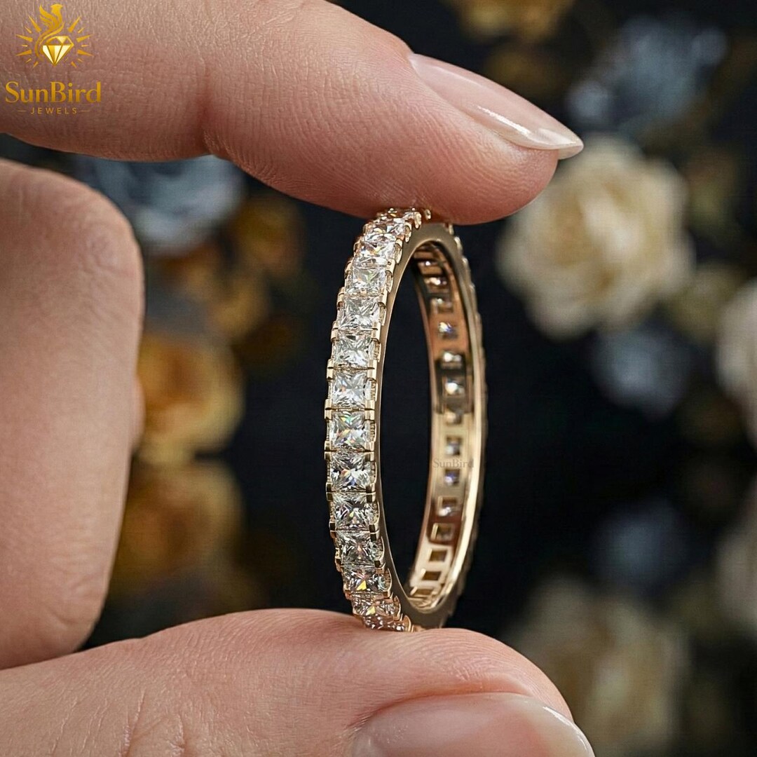 Princess Cut Moissanite Eternity Band 14K Yellow Gold Wedding Ring Full ...