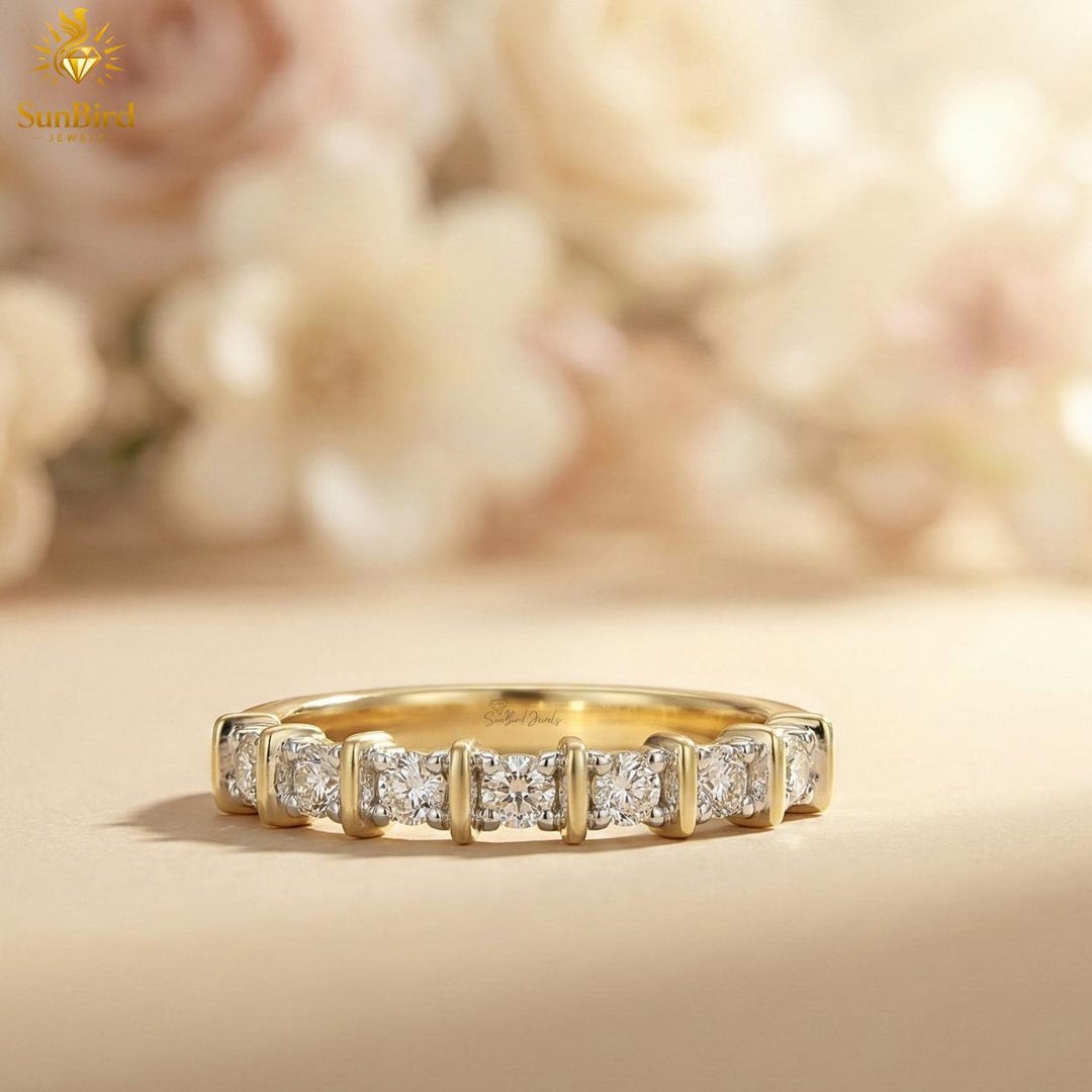 14K Gold Pave Set Diamond Wedding Band Round Cut Diamond Eternity Ring ...