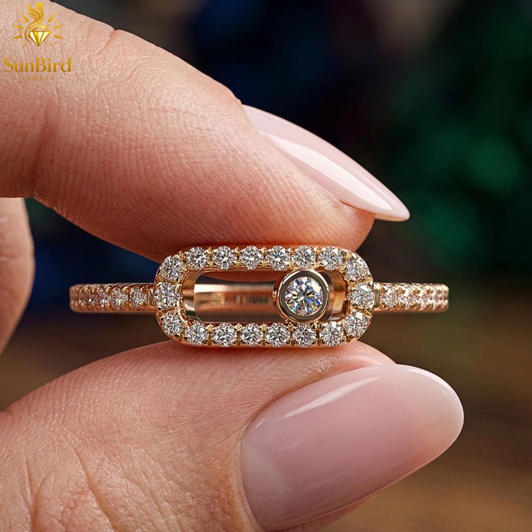 Rectangular Promise Geometric Open Rectangle Diamond Ring | 14K Rose Gold Pave Paperclip ...