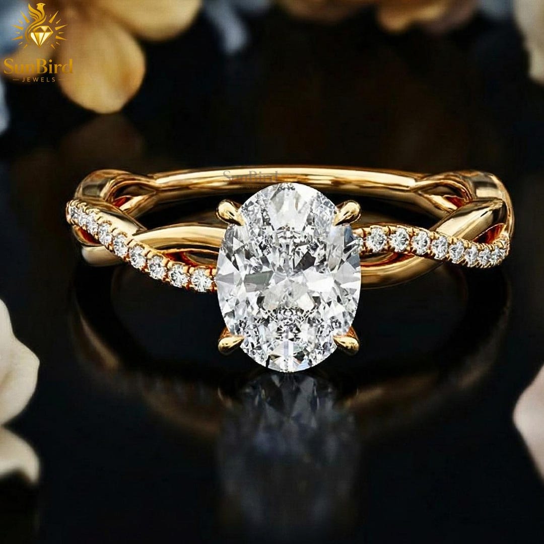 Oval Cut Moissanite Engagement Ring 14K Yellow Gold Twisted Vine Band ...