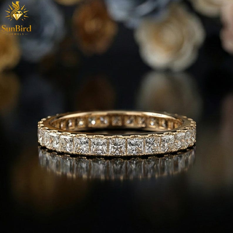 Princess Cut Moissanite Eternity Band 14K Yellow Gold Wedding Ring Full ...