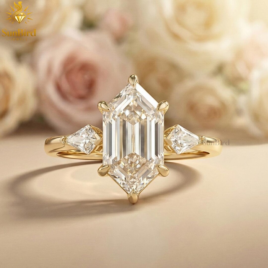 Step Cut Riing 2.30 CT Step Cut Dutch Marquise Moissanite Three Stone Ring 14K Gold ...