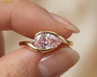 Anillo de aniversario con zafiro rosa, sortija de boda bypass, anillo de oro de 14 quilates, solitario, anillo único con engaste de medio bisel, anillo de zafiro rosa con corte de pera