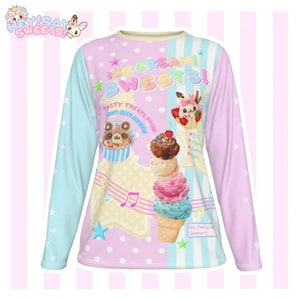 May include: A long-sleeved shirt with a colorful ice cream and sweets design. The shirt features a light blue and pink color scheme with text that reads "ICE CREAM! SWEETS!" and "TASTY TREATS FROM". The design includes cartoon ice cream cones and characters.