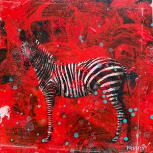 May include: An acrylic painting of a zebra with black and white stripes, set against a vibrant red background. The artwork features splatters of turquoise and red paint, creating a dynamic and textured effect. The zebra is the focal point.