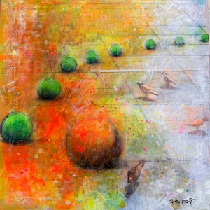May include: Abstract painting with a vibrant color palette. The artwork features green spheres and an orange sphere, with bird figures. The background has a mix of orange, yellow, and white hues, creating a textured effect.