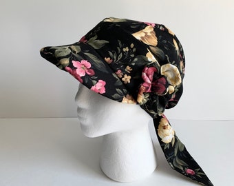 Chemo Hat Baseball Style, Black Floral Print in Cotton, One Size Fits All, Ready to Ship with Gift Wrap, Cancer Patient Gift, Fall Colors