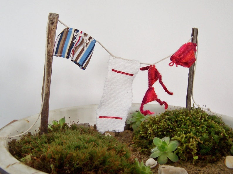 Beach Themed Fairy Garden, Clothesline with Miniature Bikini and Men's Swim Trunks, 1:12 Scale image 4