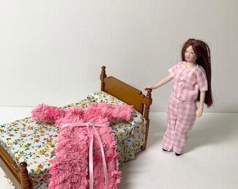 Doll Clothes - Pajamas and Bath Robe made from Vintage Chenille Bedspread in Pink for 6 inch doll, 1:12 Dollhouse Scale, doll & furn not inc